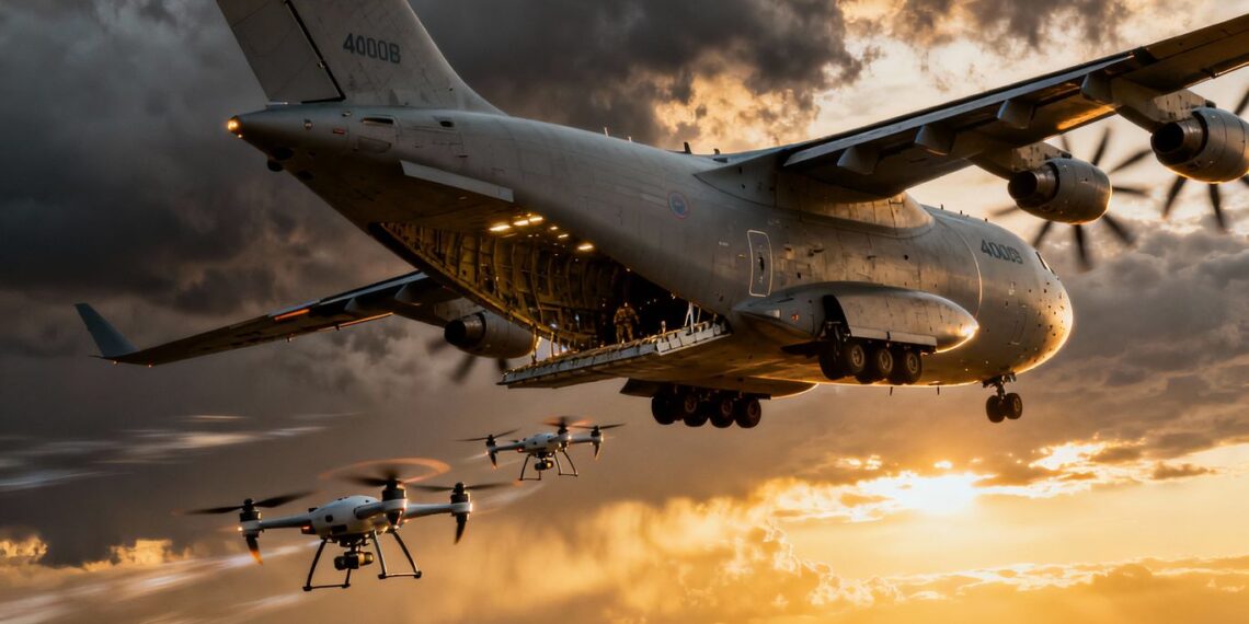 Airbus A400M déployant des drones en vol.