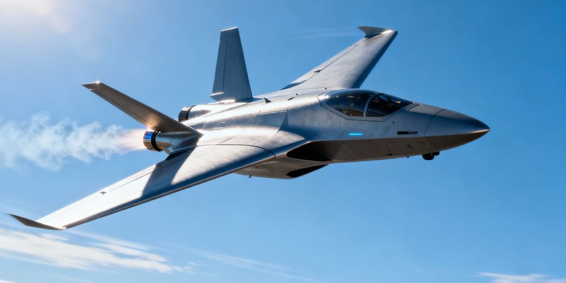 Drone militaire futuriste en vol dans le ciel.