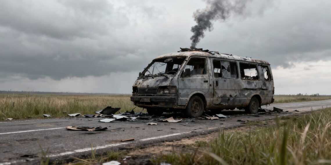 Minibus détruit par une attaque de drone dans la région de Soumy.