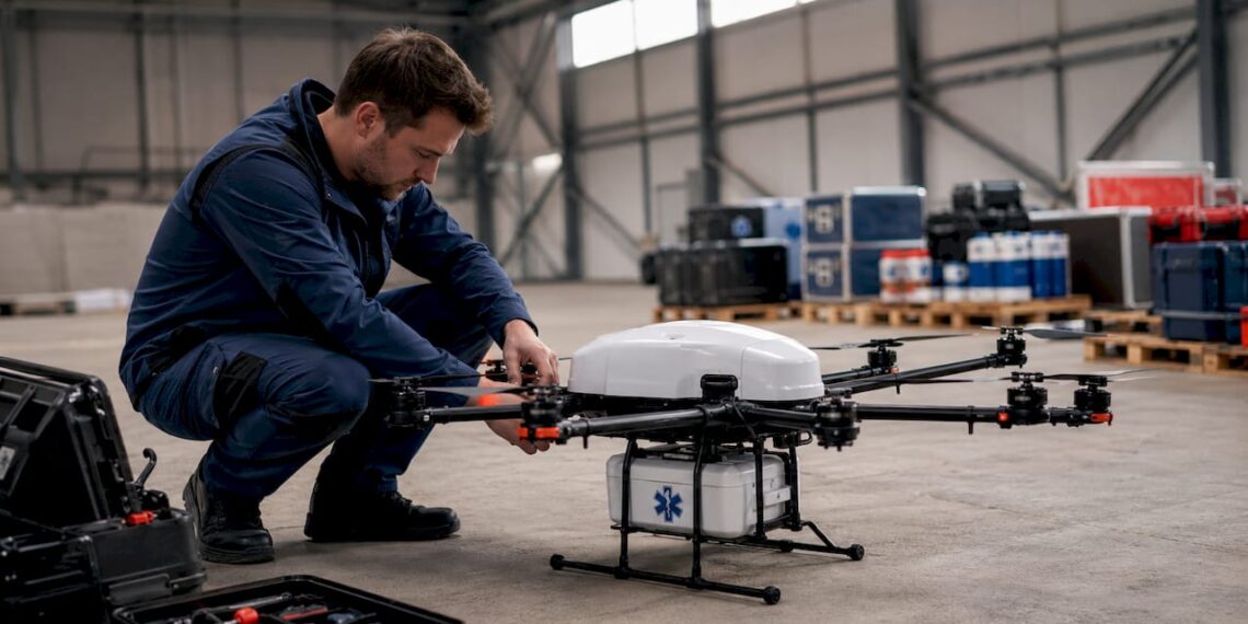 Un technicien contrôle un drone destiné au transport médical à l’intérieur d’un hangar.