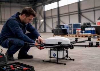 Un technicien contrôle un drone destiné au transport médical à l’intérieur d’un hangar.