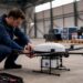 Un technicien contrôle un drone destiné au transport médical à l’intérieur d’un hangar.