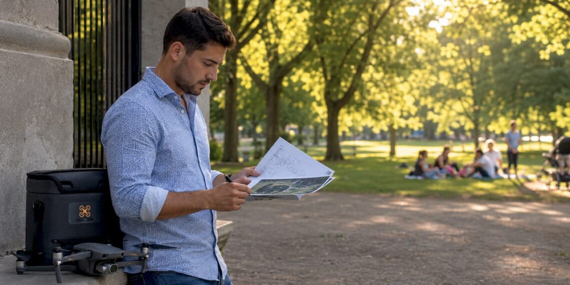 Assis à son bureau, le pilote de drone examine attentivement les détails de l’organisation de l’événement.