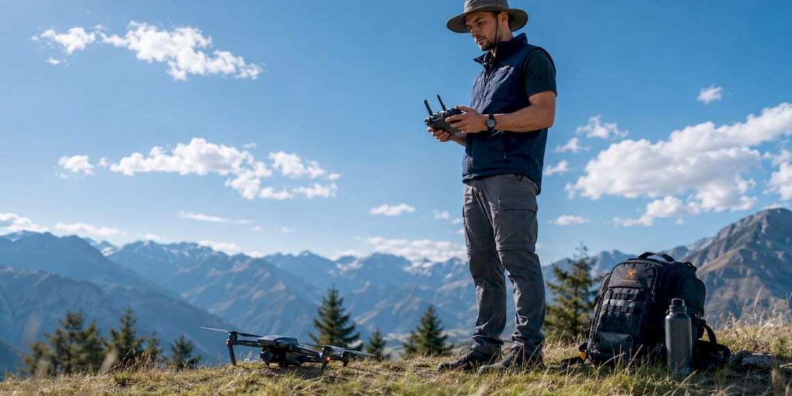 Aux premières lueurs du jour, un pilote de drone s’installe pour capturer des images aériennes, profitant de la douceur du lever de soleil.