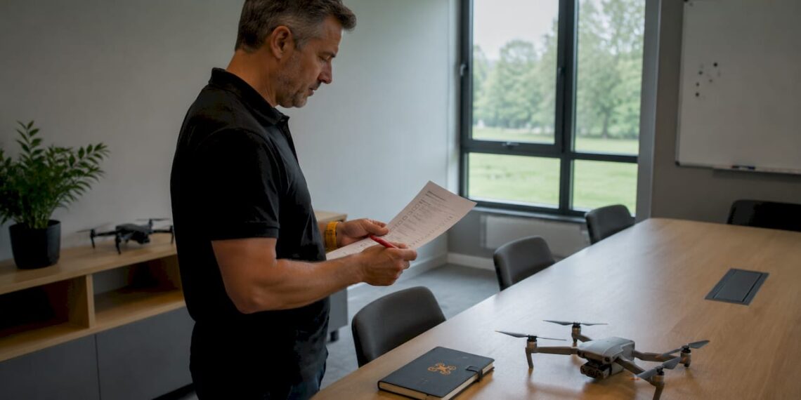 Le pilote de drone vérifie la liste des points de conformité avant le décollage.
