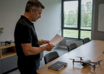 Le pilote de drone vérifie la liste des points de conformité avant le décollage.