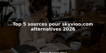 Une personne compare différents modèles de drones sur sa tablette, installée à son bureau à la maison.