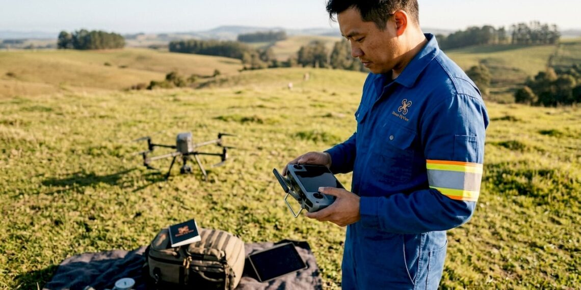 Opérateur de drone pilotant en extérieur hors vue directe