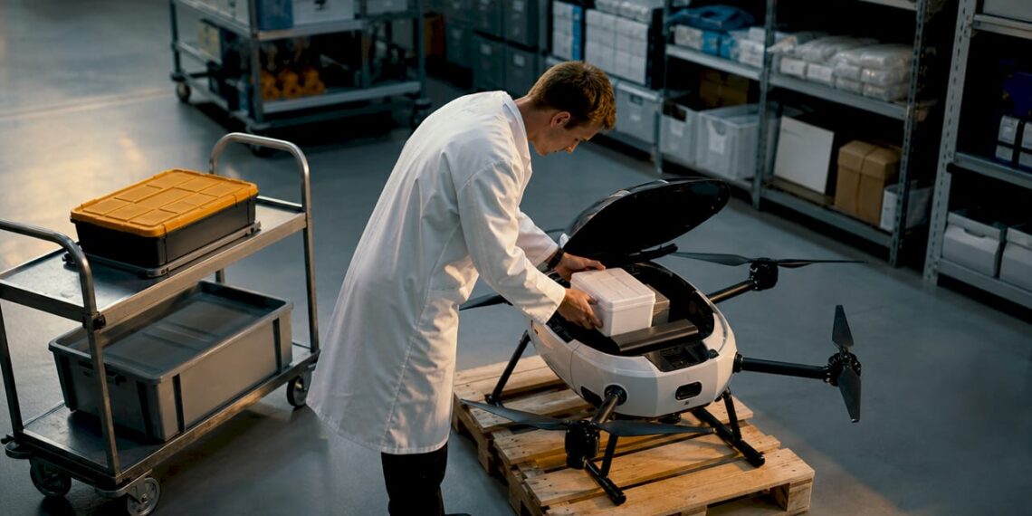 Un technicien prépare le drone médical dans le hangar, vérifiant les équipements avant le départ.