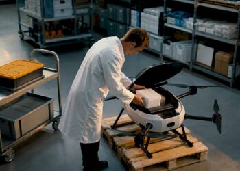 Un technicien prépare le drone médical dans le hangar, vérifiant les équipements avant le départ.