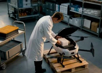 Un technicien prépare le drone médical dans le hangar, vérifiant les équipements avant le départ.