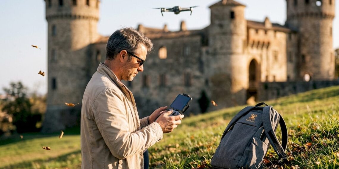 Un pilote de drone réalise des prises de vue aériennes d’un château historique en pleine nature.