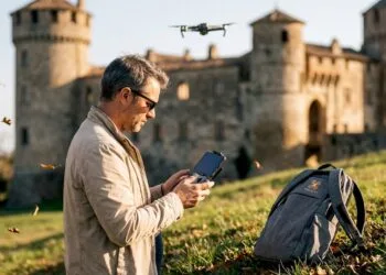 Un pilote de drone réalise des prises de vue aériennes d’un château historique en pleine nature.
