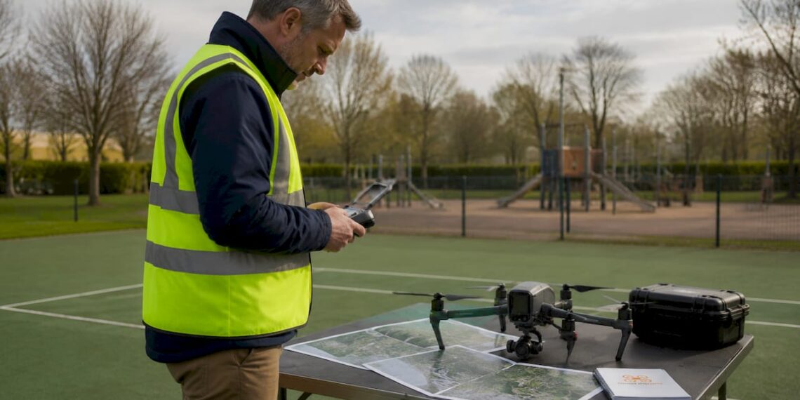 Un pilote de drone s'apprête à faire décoller son appareil devant la mairie.