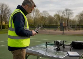 Un pilote de drone s'apprête à faire décoller son appareil devant la mairie.