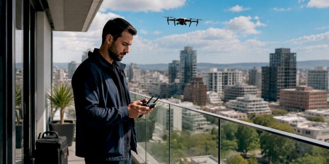 Un photographe dirige son drone depuis le toit d’un immeuble