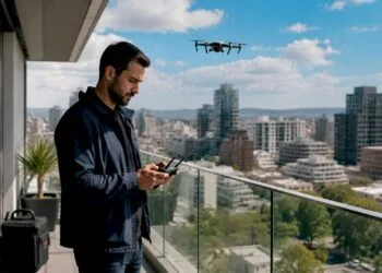 Un photographe dirige son drone depuis le toit d’un immeuble
