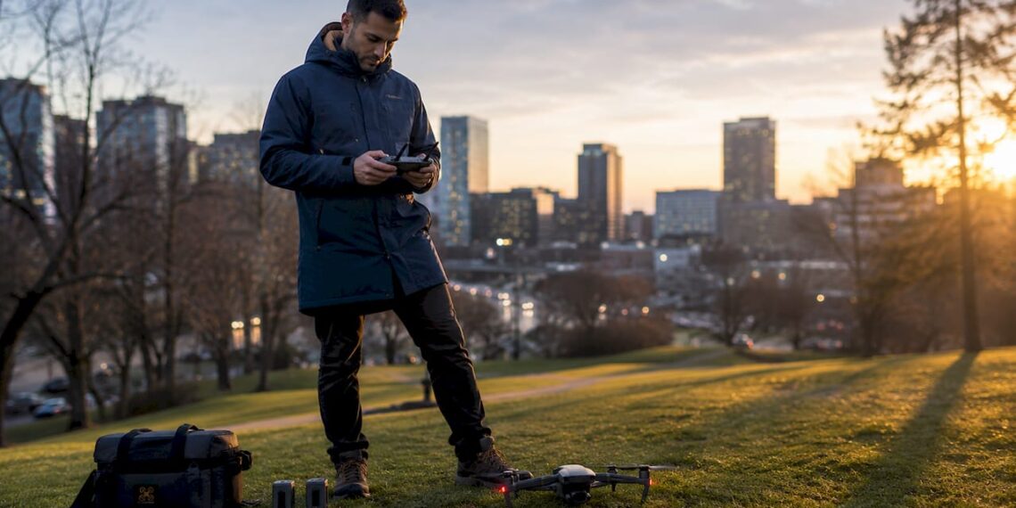 Un pilote de drone s’apprête à réaliser une prise de vue aérienne.