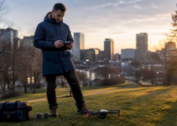 Un pilote de drone s’apprête à réaliser une prise de vue aérienne.