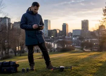 Un pilote de drone s’apprête à réaliser une prise de vue aérienne.