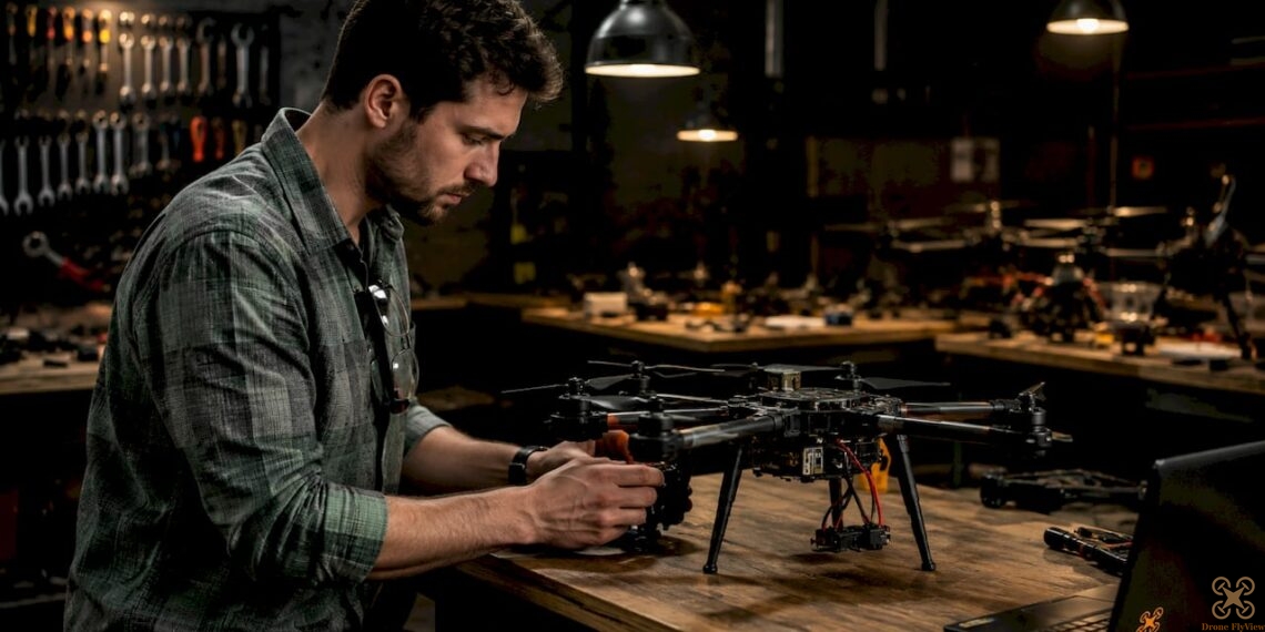Un technicien spécialisé procède à l’inspection d’un drone multirotor.