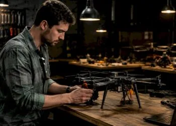 Un technicien spécialisé procède à l’inspection d’un drone multirotor.