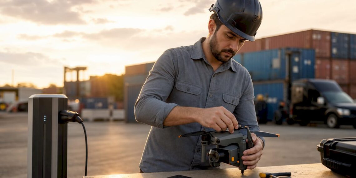 Un ingénieur s’affaire à préparer un drone pliable dans un entrepôt logistique.