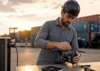 Un ingénieur s’affaire à préparer un drone pliable dans un entrepôt logistique.