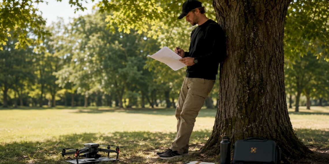 Un pilote en pleine préparation de son plan de mission pour un vol de drone.