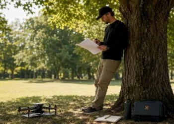 Un pilote en pleine préparation de son plan de mission pour un vol de drone.