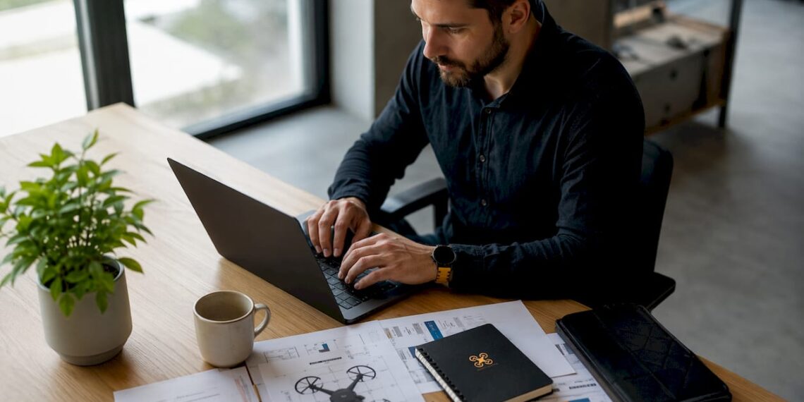 Un entrepreneur crée son compte AlphaTango assis à son bureau.