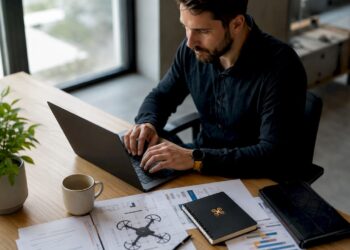 Un entrepreneur crée son compte AlphaTango assis à son bureau.