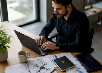 Un entrepreneur crée son compte AlphaTango assis à son bureau.