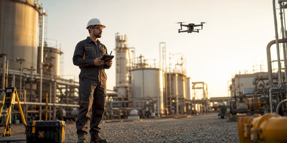 Un pilote de drone supervise les opérations sur un site industriel.