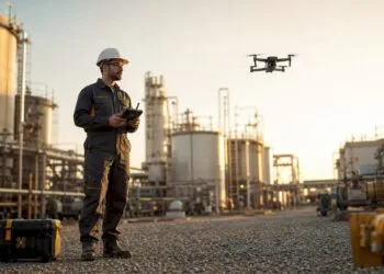 Un pilote de drone supervise les opérations sur un site industriel.