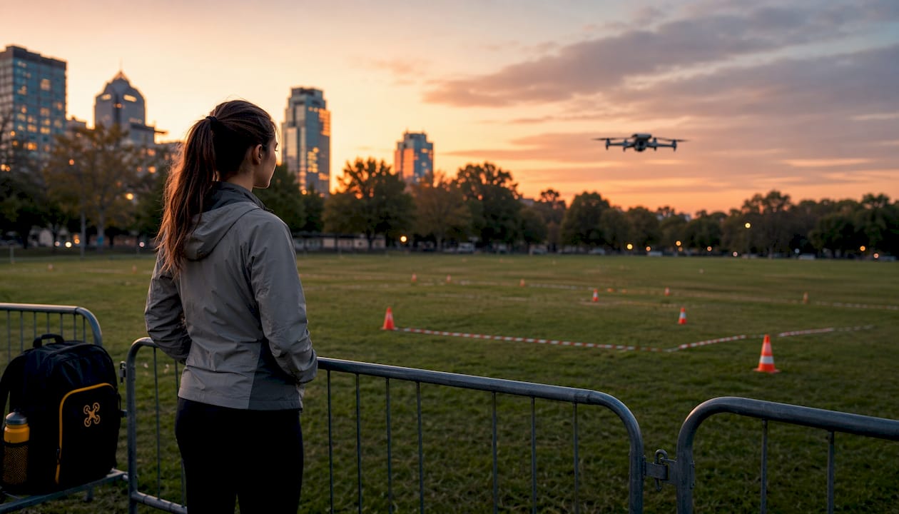 Un drone survole une zone extérieure sécurisée et bien délimitée.