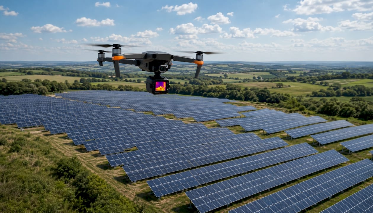Un drone survole une centrale solaire afin de réaliser un contrôle thermique des installations.