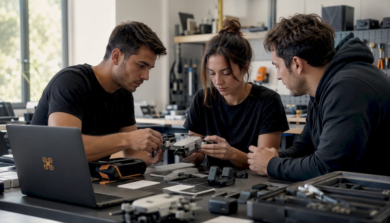 Des mains en train de trier différents types de drones, chacun identifié par une étiquette.