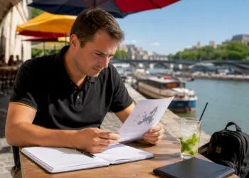 Un télépilote de drone consulte les dernières réglementations européennes en plein air.