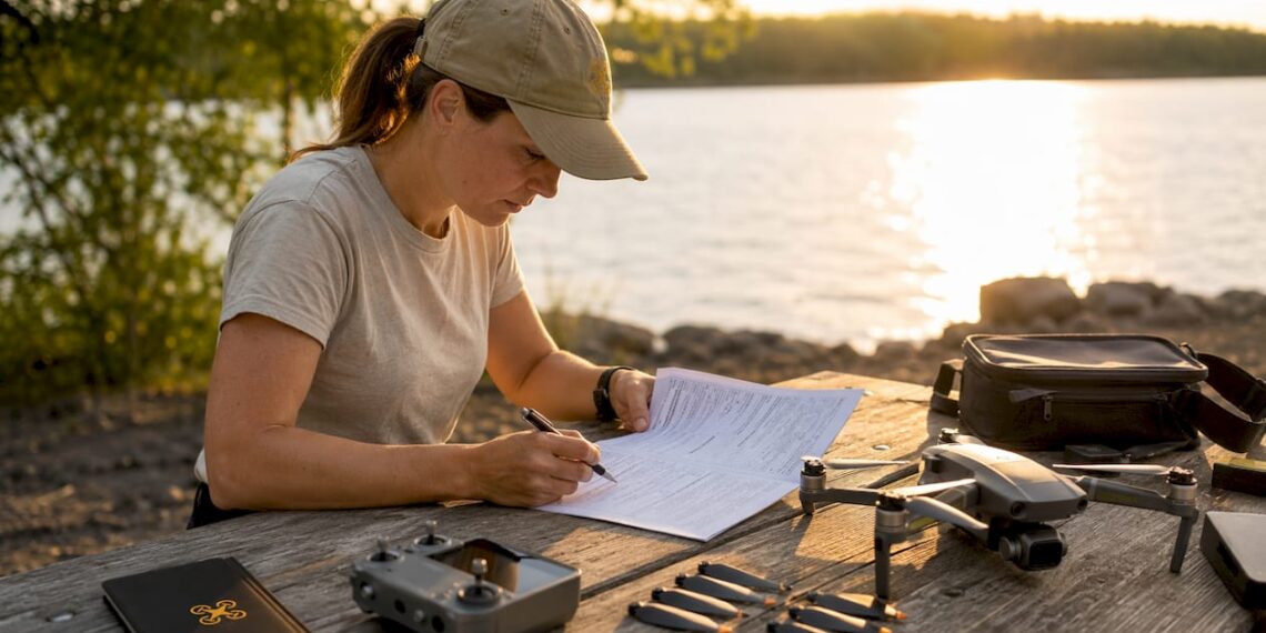 Un pilote de drone consulte un document NOTAM en plein air pour préparer son vol.