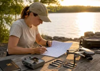 Un pilote de drone consulte un document NOTAM en plein air pour préparer son vol.
