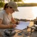 Un pilote de drone consulte un document NOTAM en plein air pour préparer son vol.