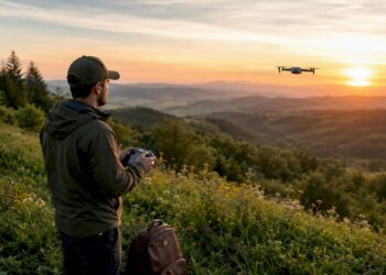 Un pilote de drone manœuvre son quadricoptère en pleine nature.