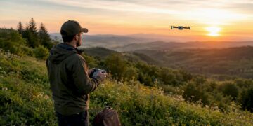 Un pilote de drone manœuvre son quadricoptère en pleine nature.