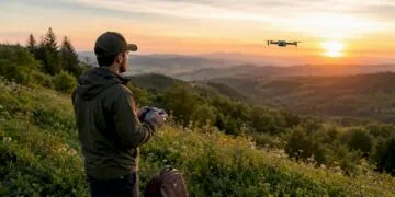 Un pilote de drone manœuvre son quadricoptère en pleine nature.