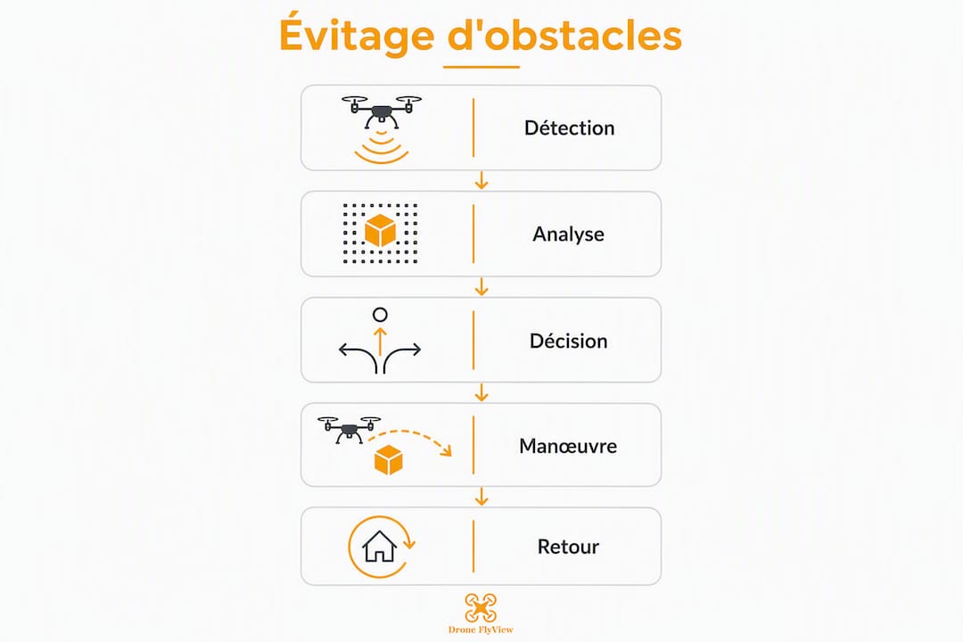 Schéma illustrant les différentes phases que suit un drone pour contourner les obstacles