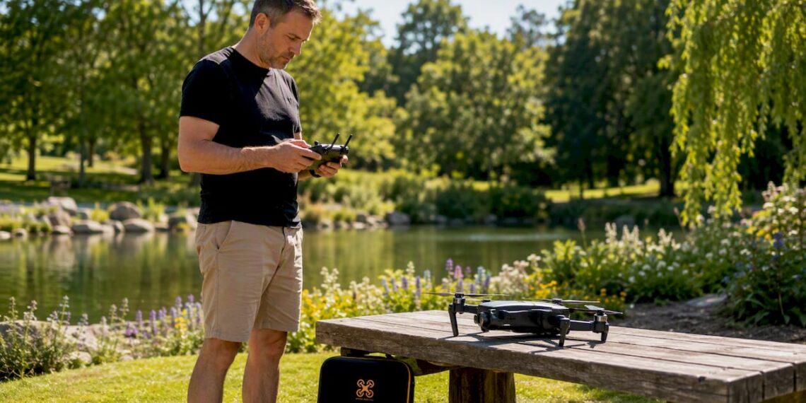 Avant de décoller, un pilote de drone effectue les derniers contrôles de son appareil en plein air.