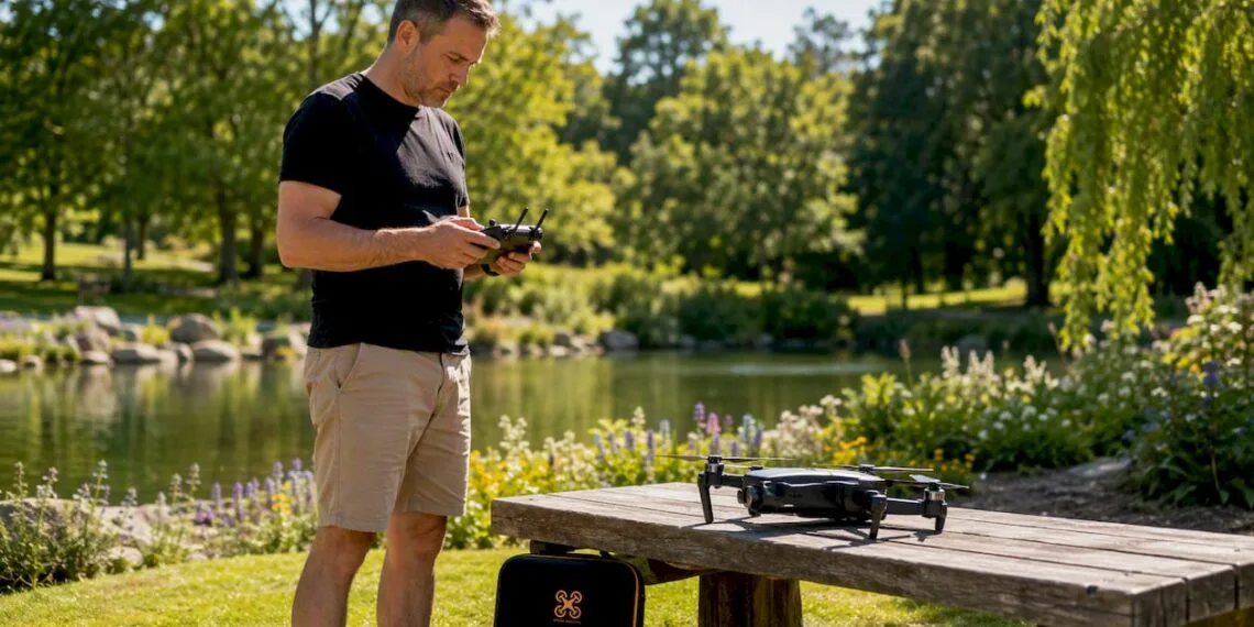 Avant de décoller, un pilote de drone effectue les derniers contrôles de son appareil en plein air.