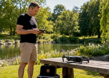 Avant de décoller, un pilote de drone effectue les derniers contrôles de son appareil en plein air.