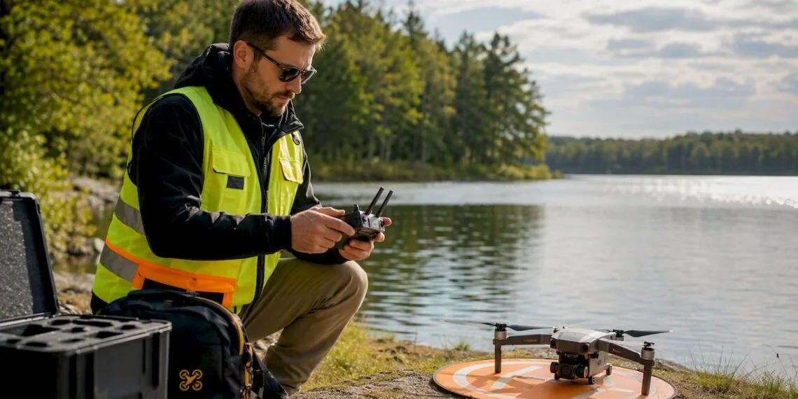 Un pilote de drone s’apprête à faire décoller son appareil au milieu d’un champ.